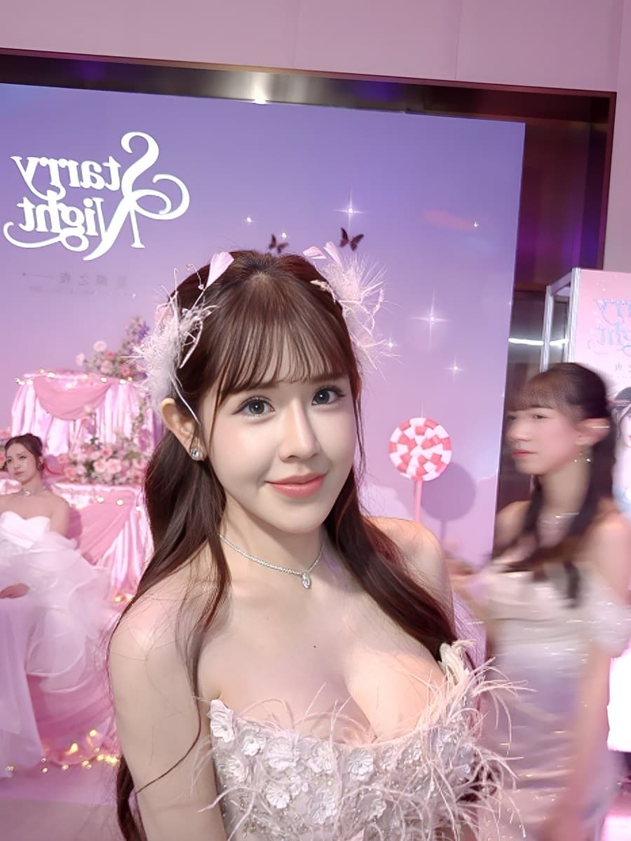 Actual before/after of a guest in front of a styled backdrop AI beauty
