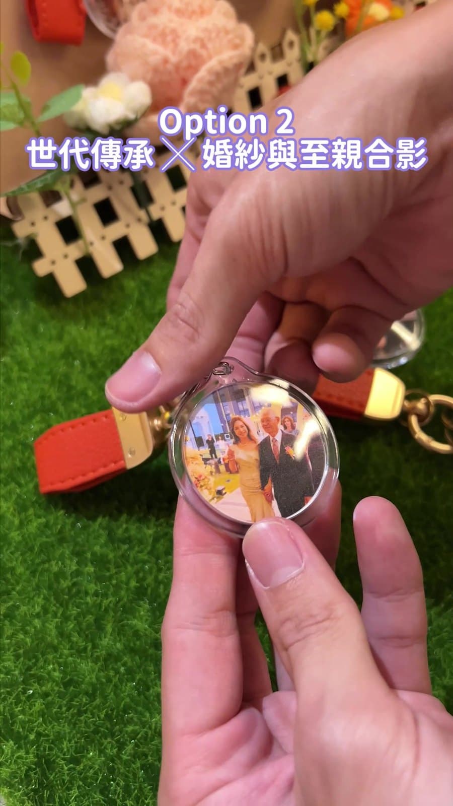 Across generations — wedding portrait with a family photo on the reverse