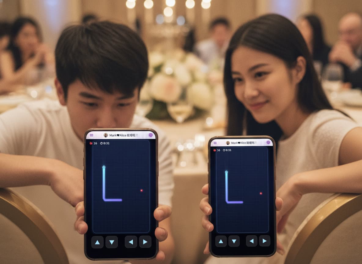Two guests battling in Snake on their phones with arrow controls