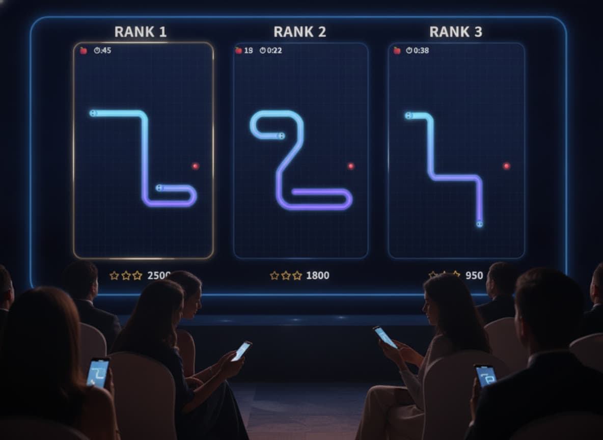 Big-screen close-up: RANK 1–3 live cards showing the leaders' snakes