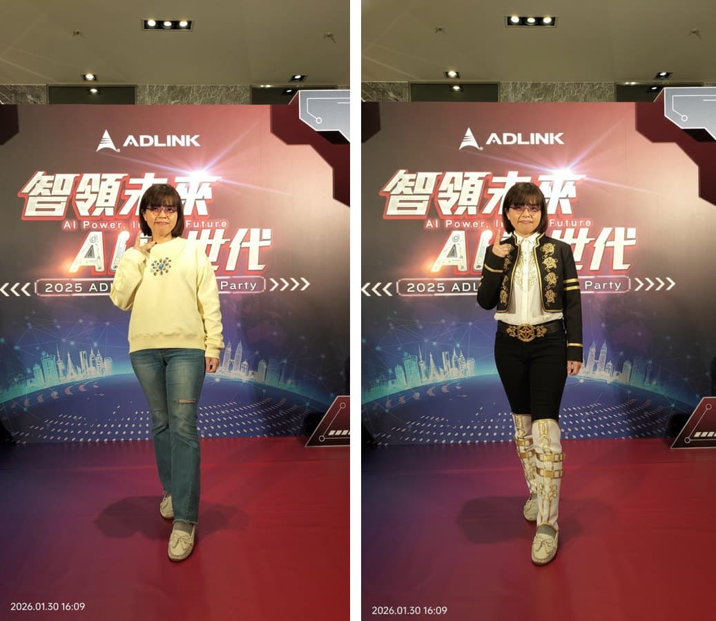 AI photo booth before/after — original D&D photo on the left, mech-warrior AI transformation on the right