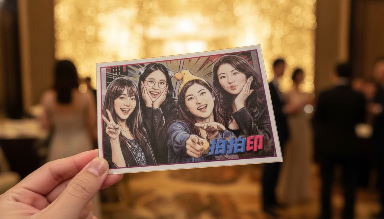 Animated lenticular photo card at a banquet: a gentle tilt flips the comic face to the original photo and back (looping)