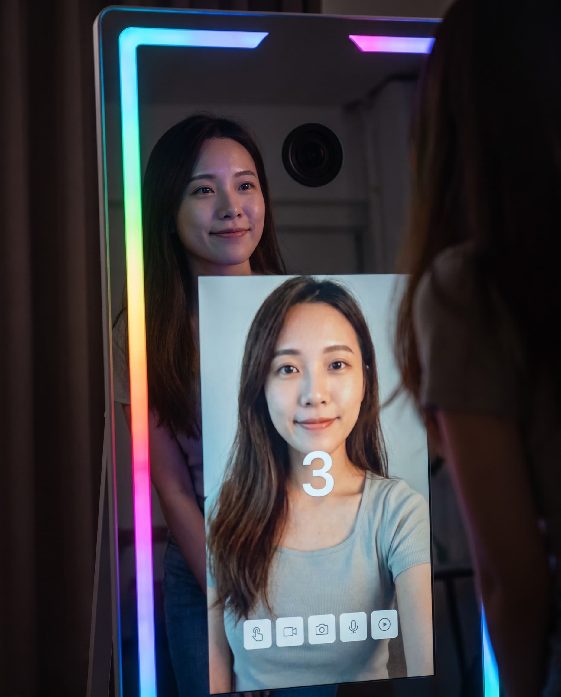 Close-up of a finger tapping the magic mirror touchscreen, RGB glow on the face