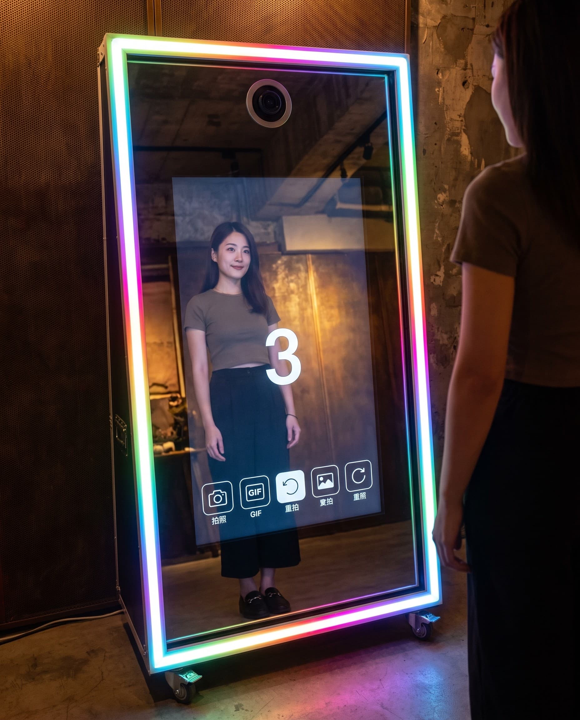 A stylish guest touches the 65" magic mirror photo booth, RGB surround glowing