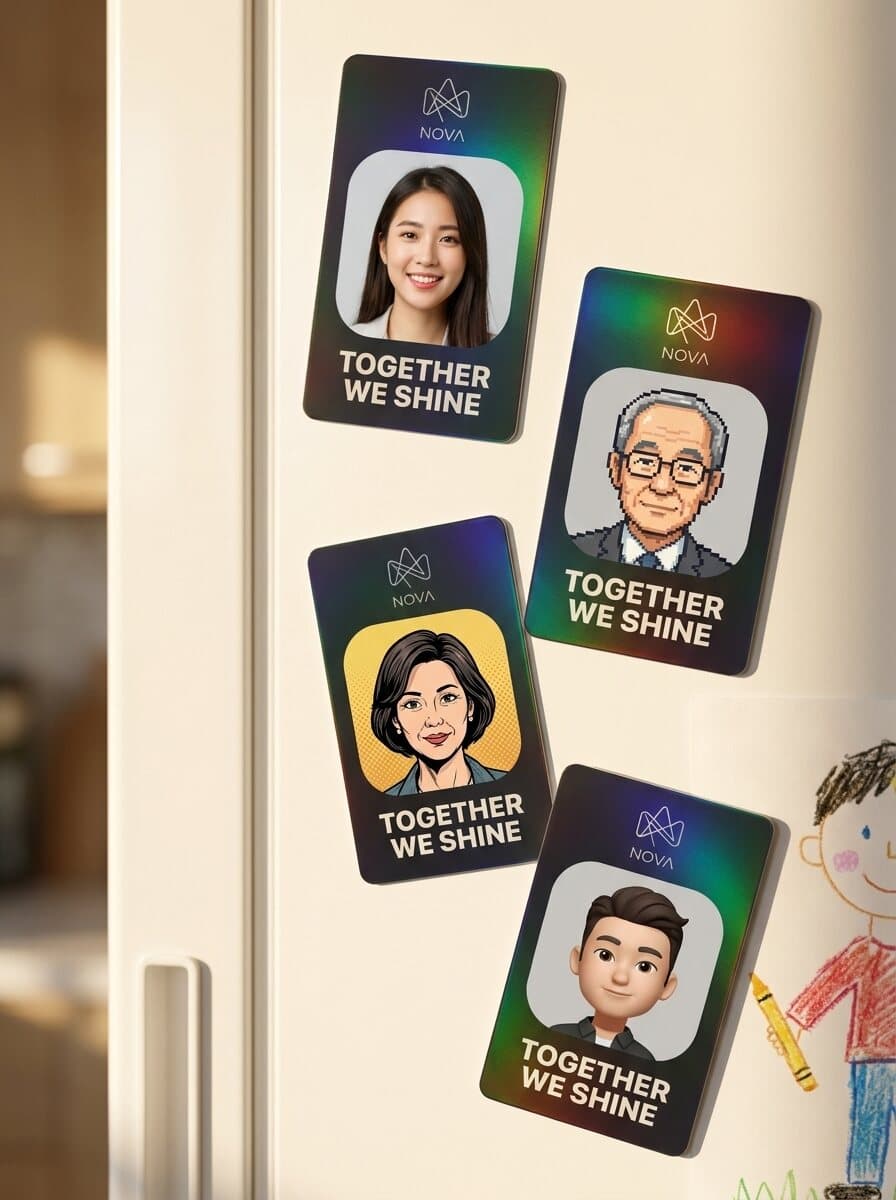 Portrait cards on a fridge as magnets