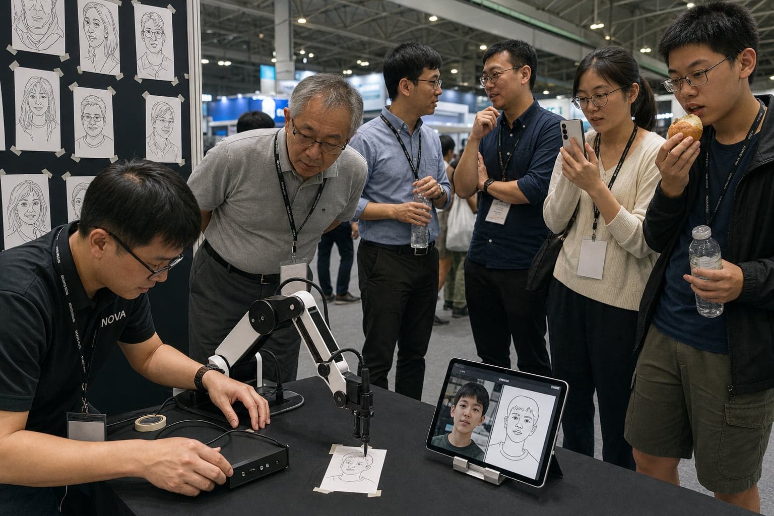 Visitors gathered around the AI sketch robot at an exhibition booth, filming on their phones