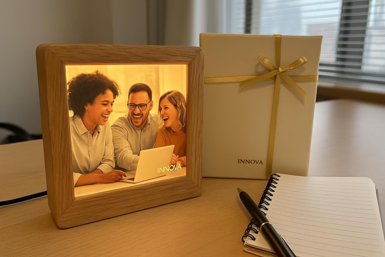 A Time Photo Lamp beside its gift box with a gold ribbon