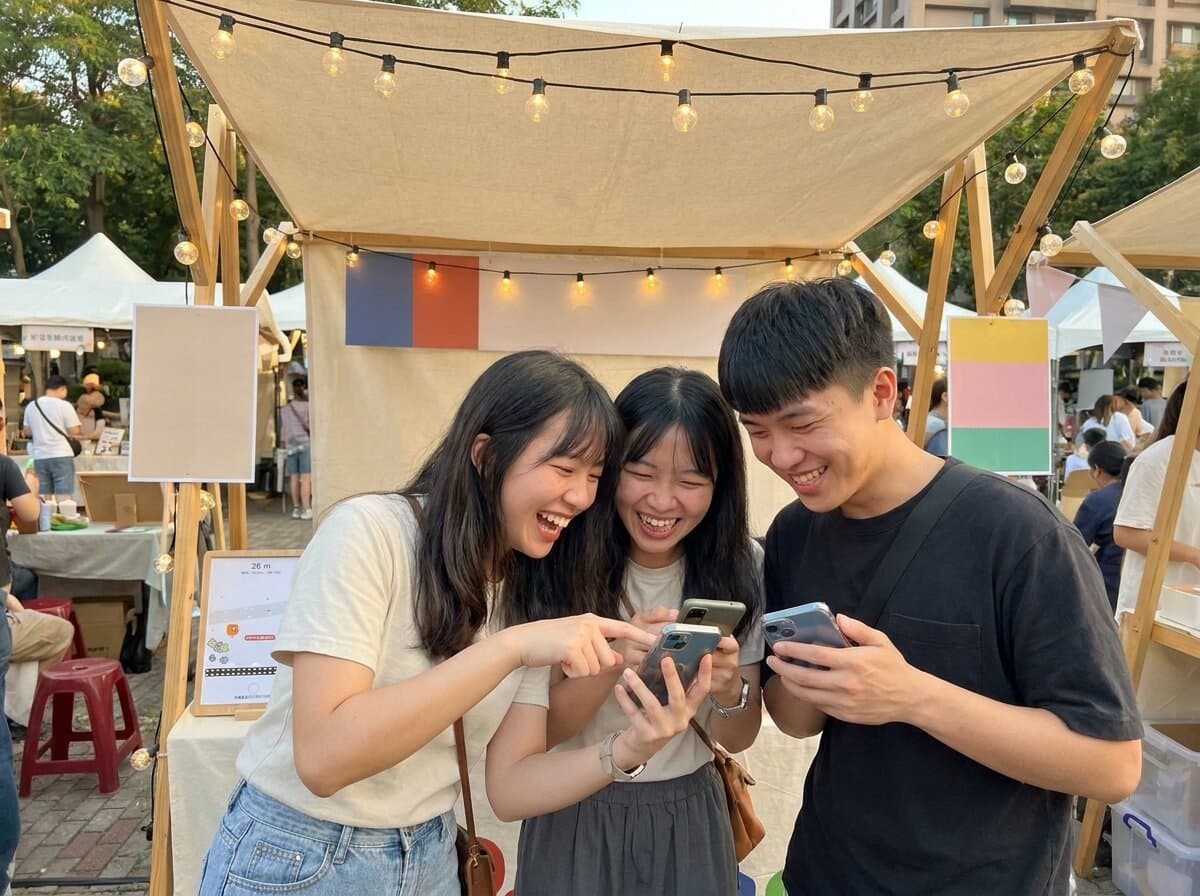 Friends comparing scores at a pop-up booth