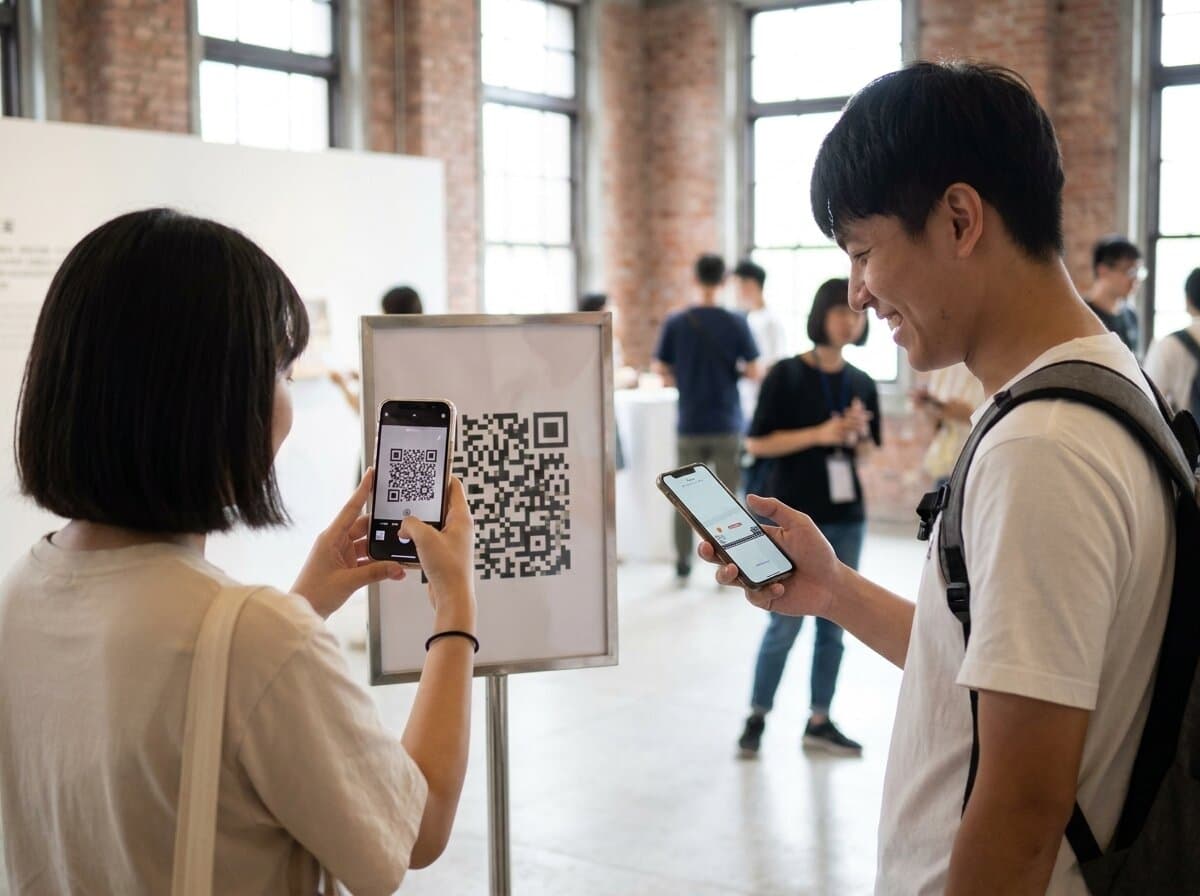 Visitors scanning a QR code stand at an exhibition entrance