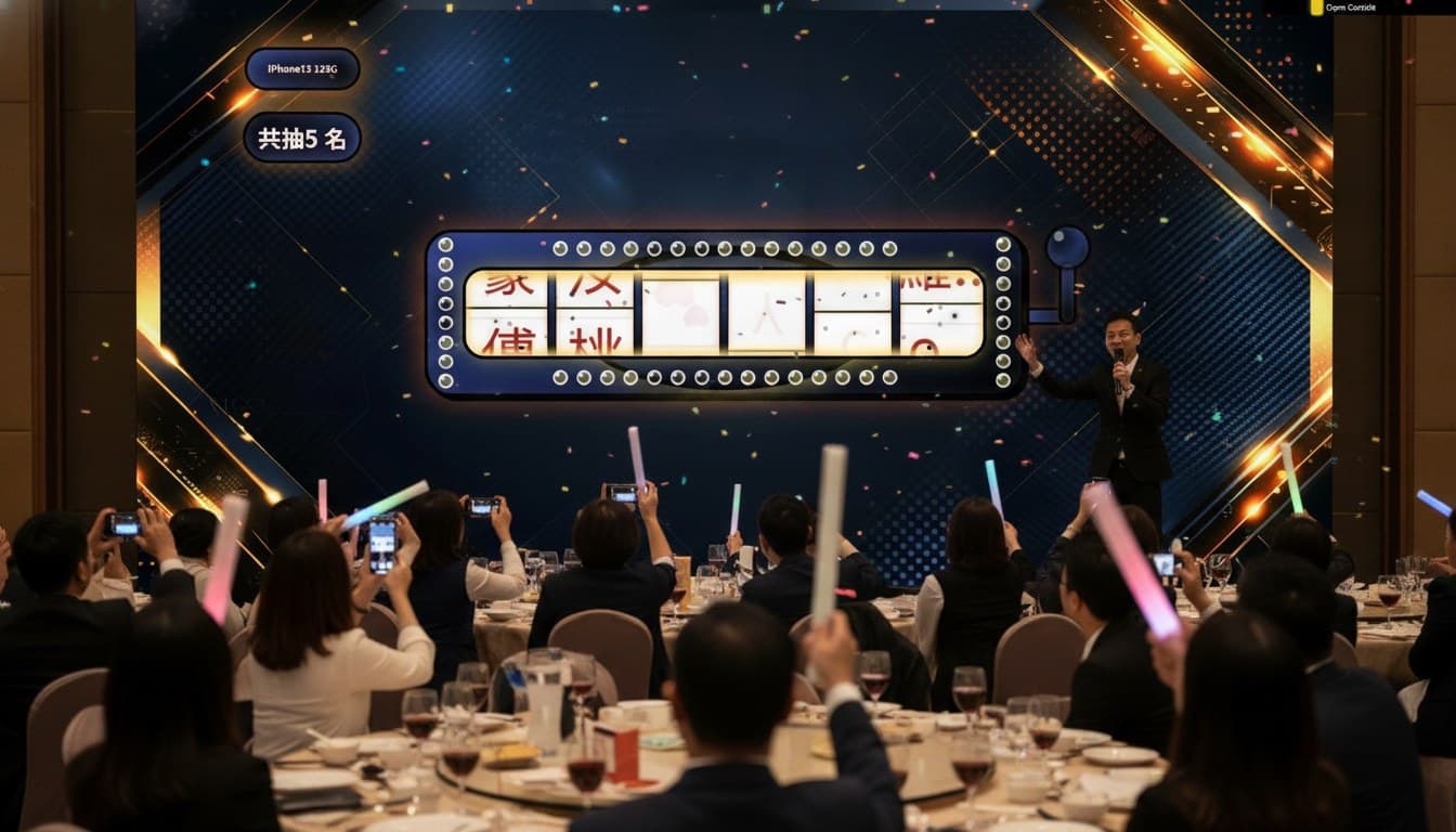 Slot machine prize draw — big-screen reveal at a company D&D with the crowd waving glow sticks
