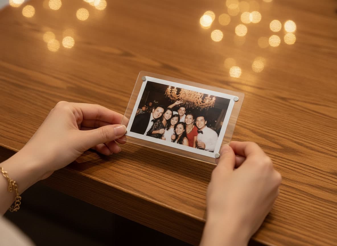 Close-up of a print sliding into the acrylic frame