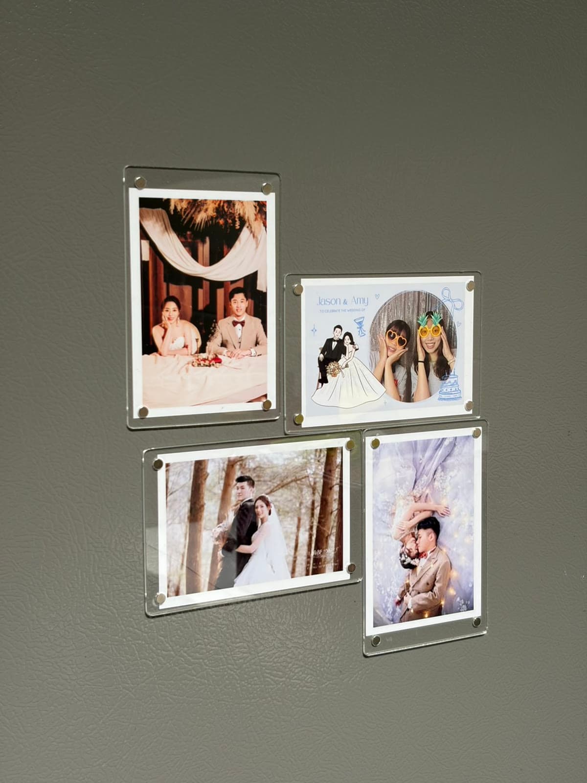 Real shot: acrylic photo magnets on a fridge door, seen every day