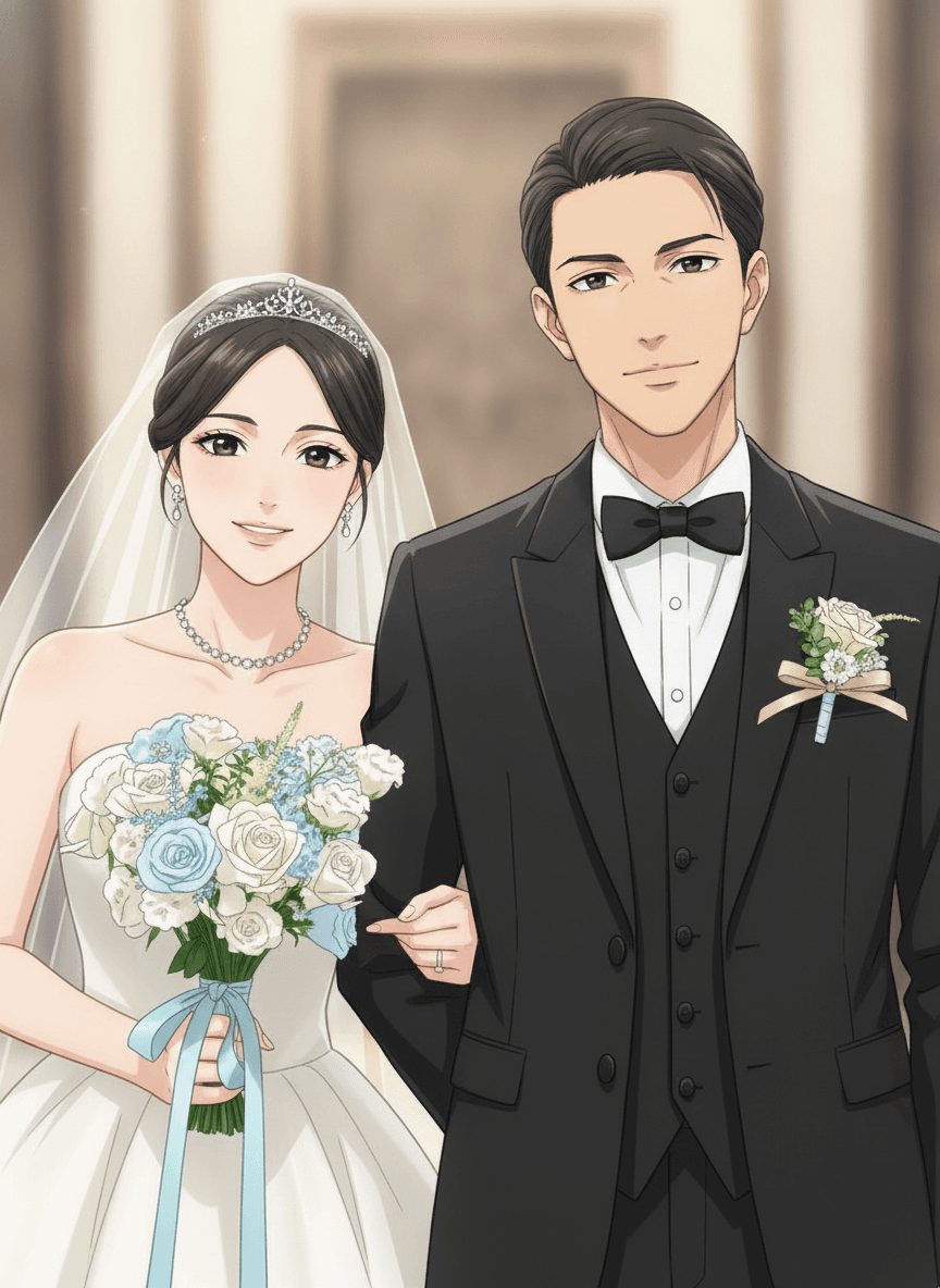 AI caricature mode — a formal couple photo redrawn in Japanese anime style