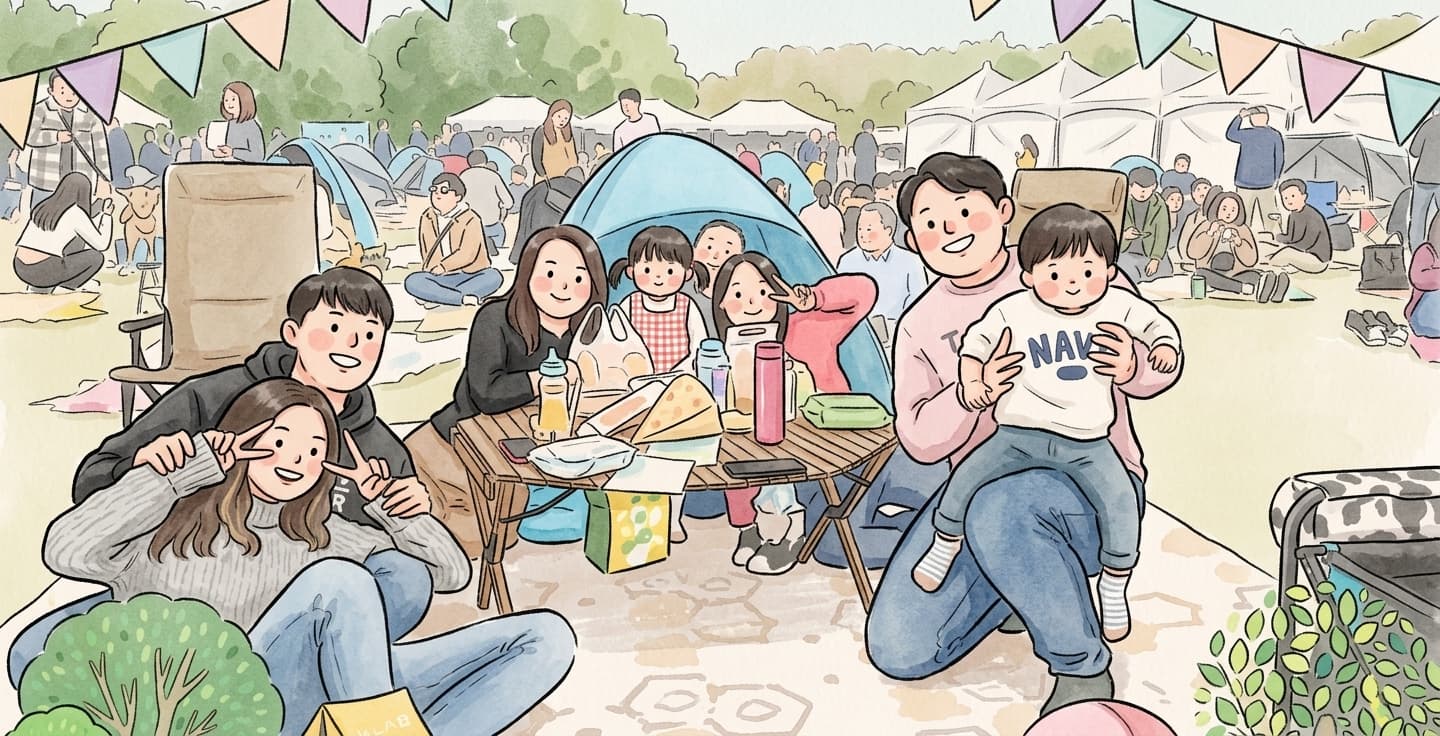 AI caricature mode — a family-day picnic group drawn as one cute illustration