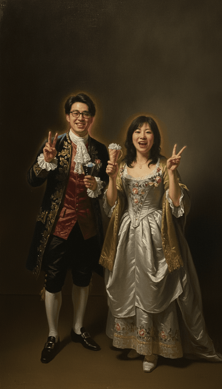 Royal-court oil-painting theme — guests as aristocrats in a classical portrait