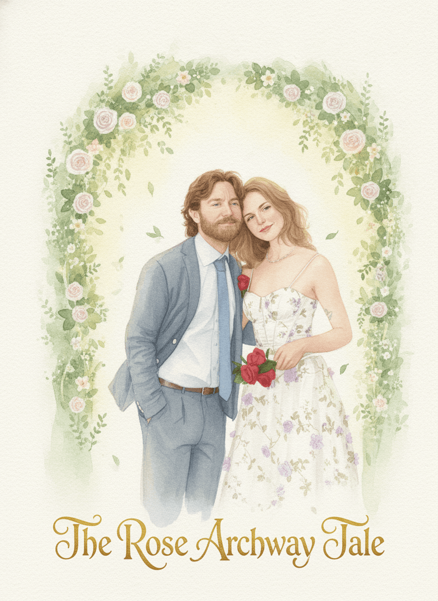 Storybook theme — a couple as a titled picture-book illustration