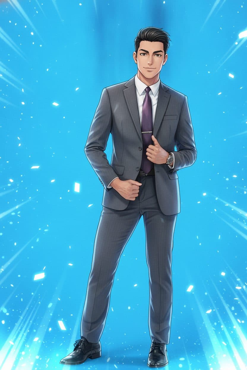 Japanese anime theme — the same model as a cel-shaded anime illustration