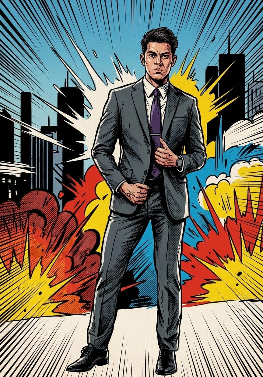 American comics theme — the same model rendered as a bold-line, halftone comic cover by the AI photo booth