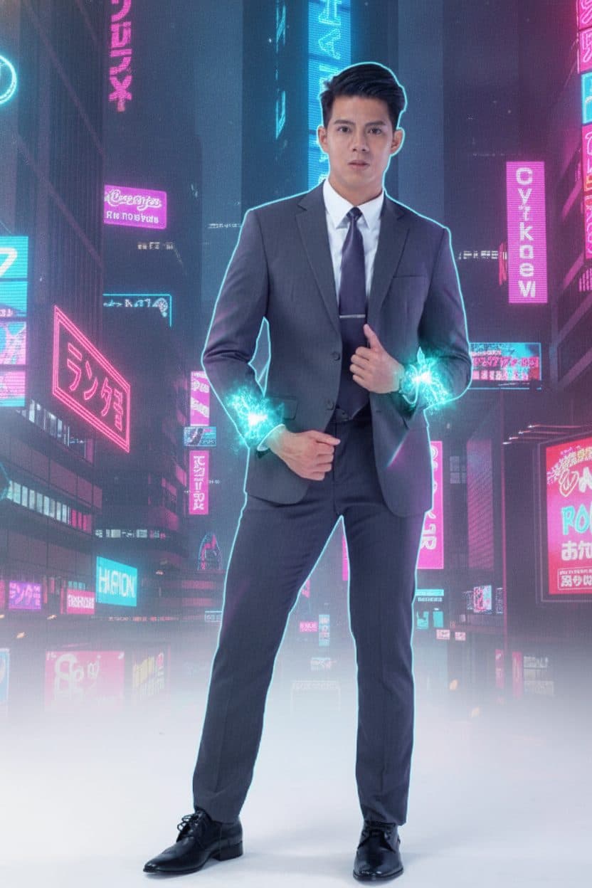 Cyberpunk theme — the same model in a neon rainy city, original suit and face kept