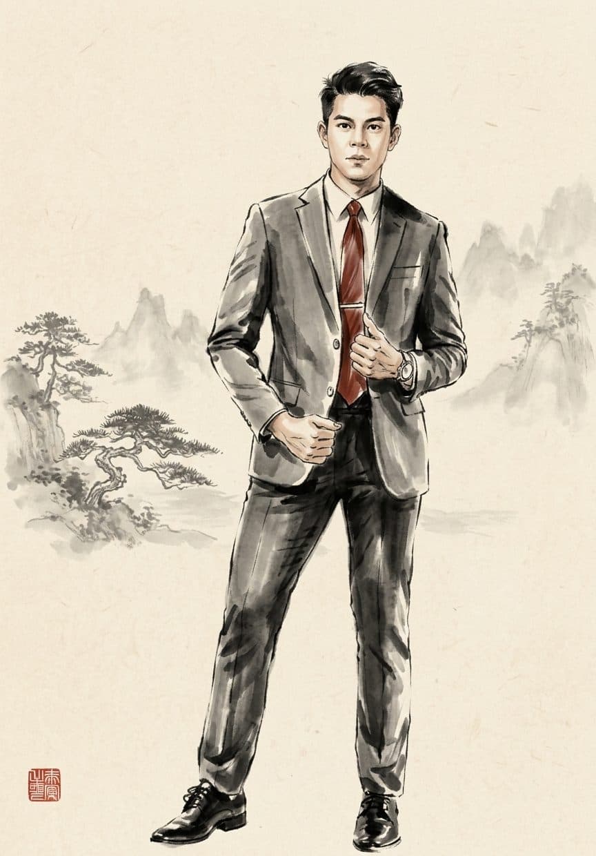 Ink-wash theme — the same model in brush strokes with a misty landscape and a red seal