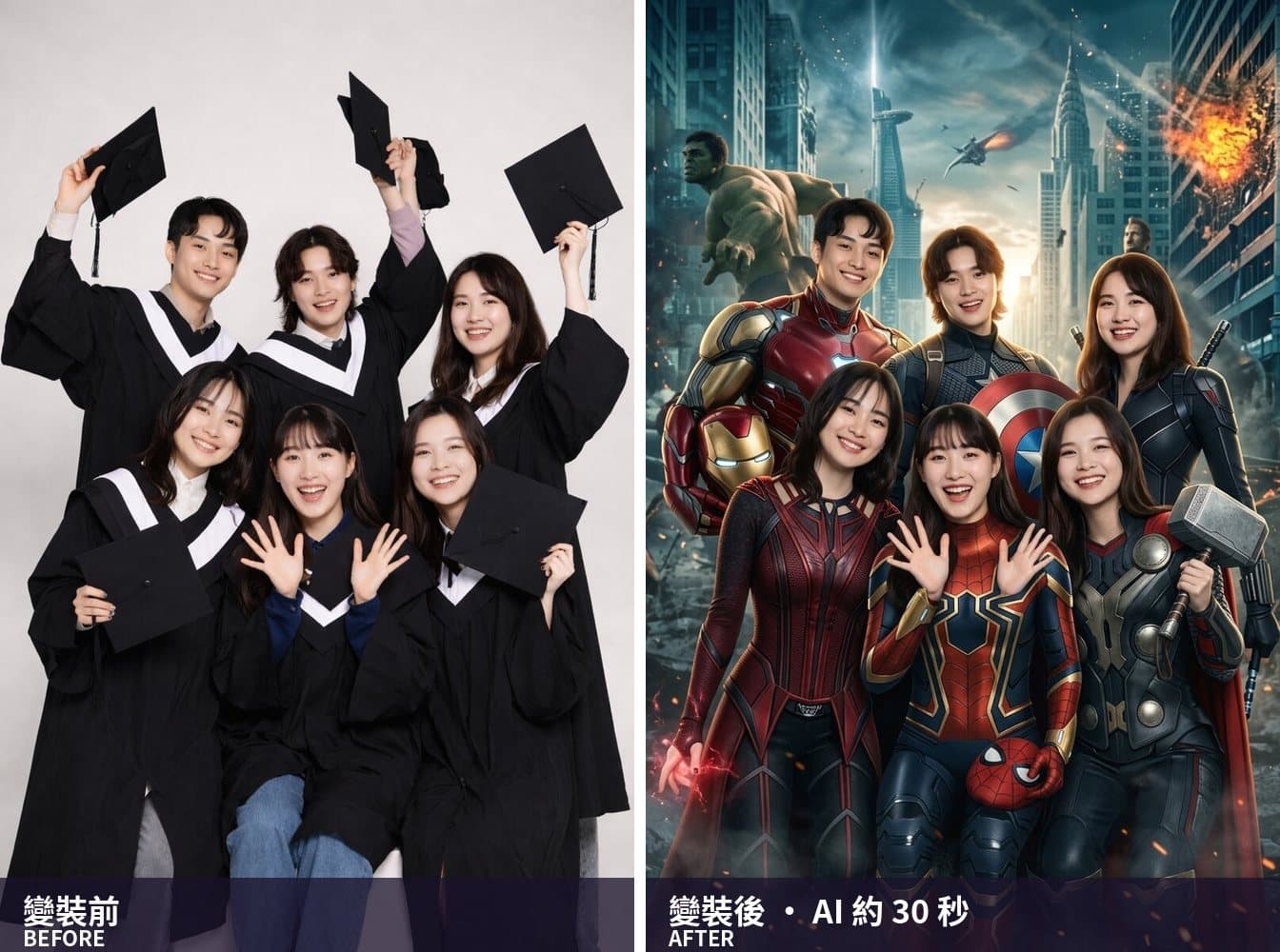 AI photo booth outfit-swap mode — the guest wears a chosen outfit while face and background stay unchanged