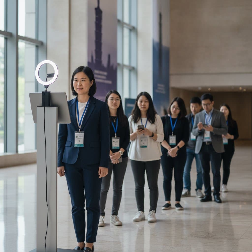 Headshot kiosk with ring light in a conference lobby (illustrative)
