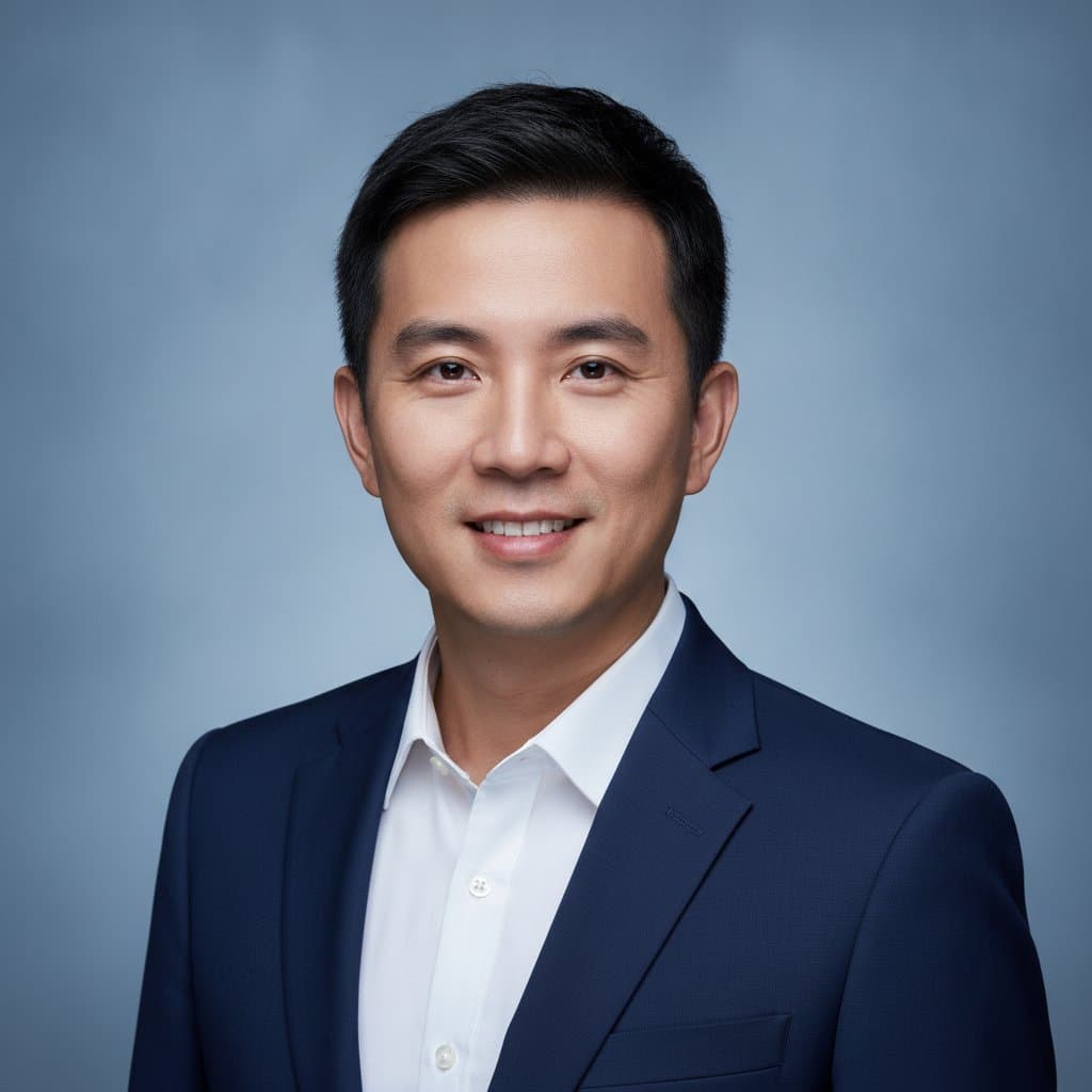 AI headshot sample on a blue-grey background (AI-generated sample)