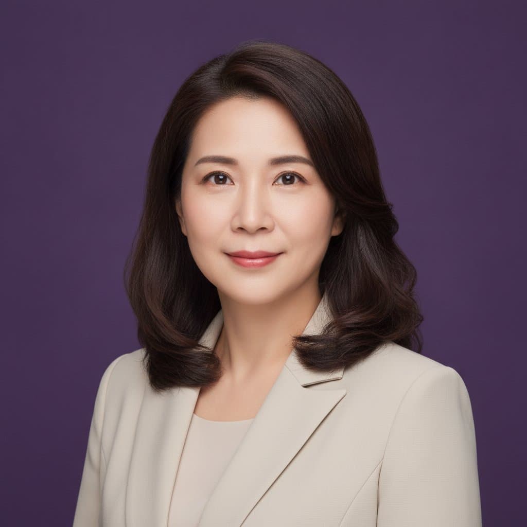 AI headshot sample on a brand-colour background (AI-generated sample)