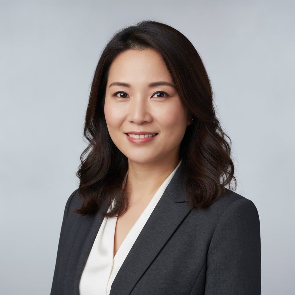 AI headshot sample on a grey studio background (AI-generated sample)