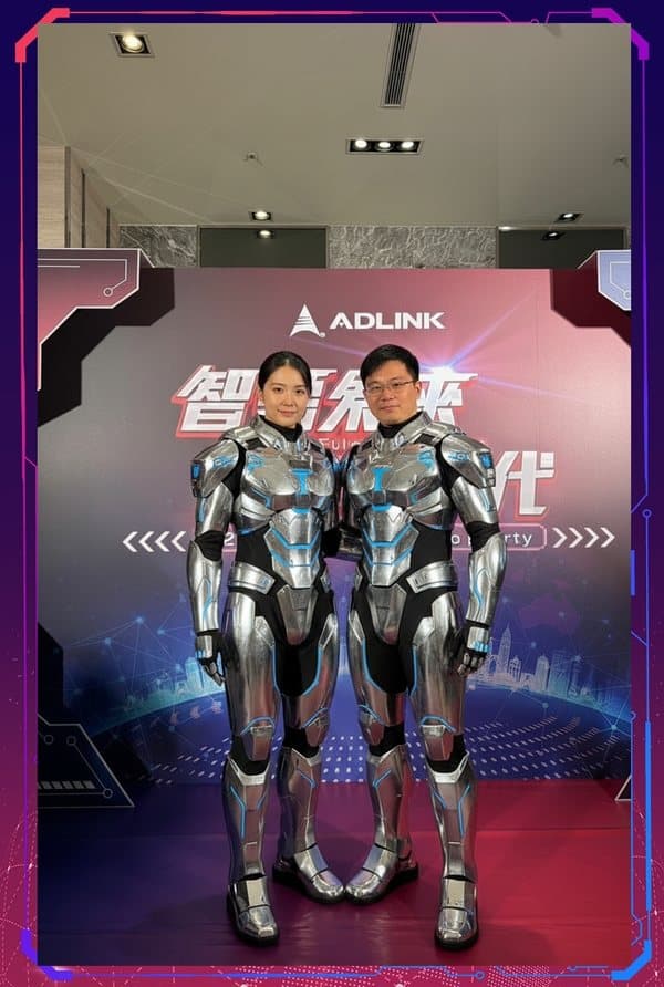 Outfit swap example — D&D guests in mech-warrior armour, faces and background unchanged