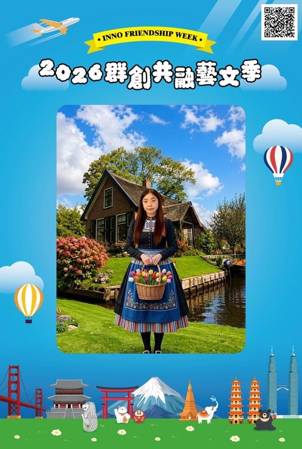 Full style transfer example — person, outfit and scene restyled into a European-travel illustration theme