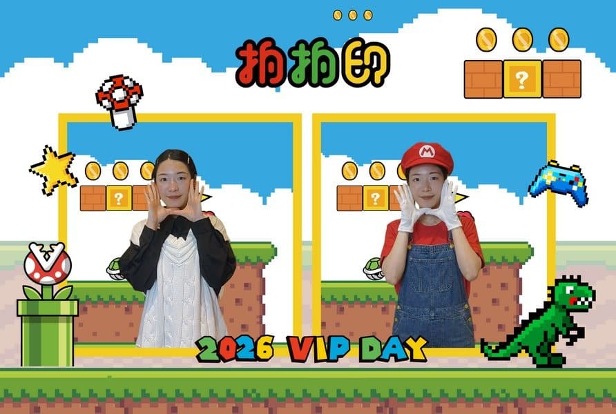 A VIP Day guest transformed into a pixel-art plumber style — pure fun