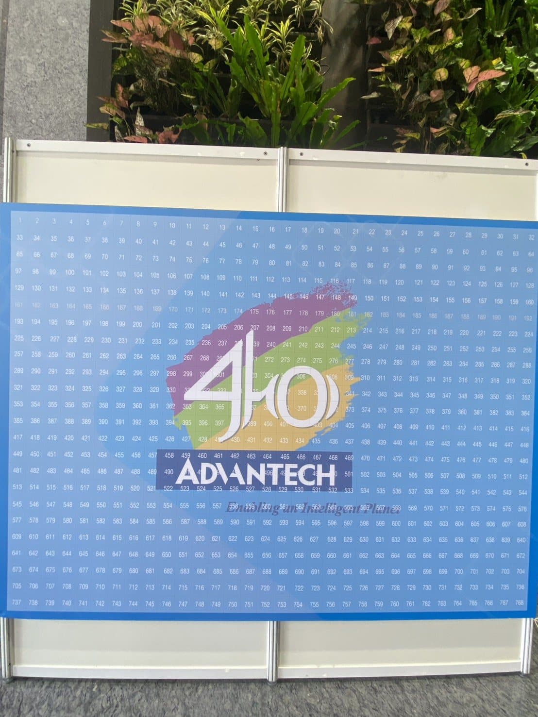 Full view of a "40" anniversary photo mosaic wall at a tech company family day, in front of a living green wall