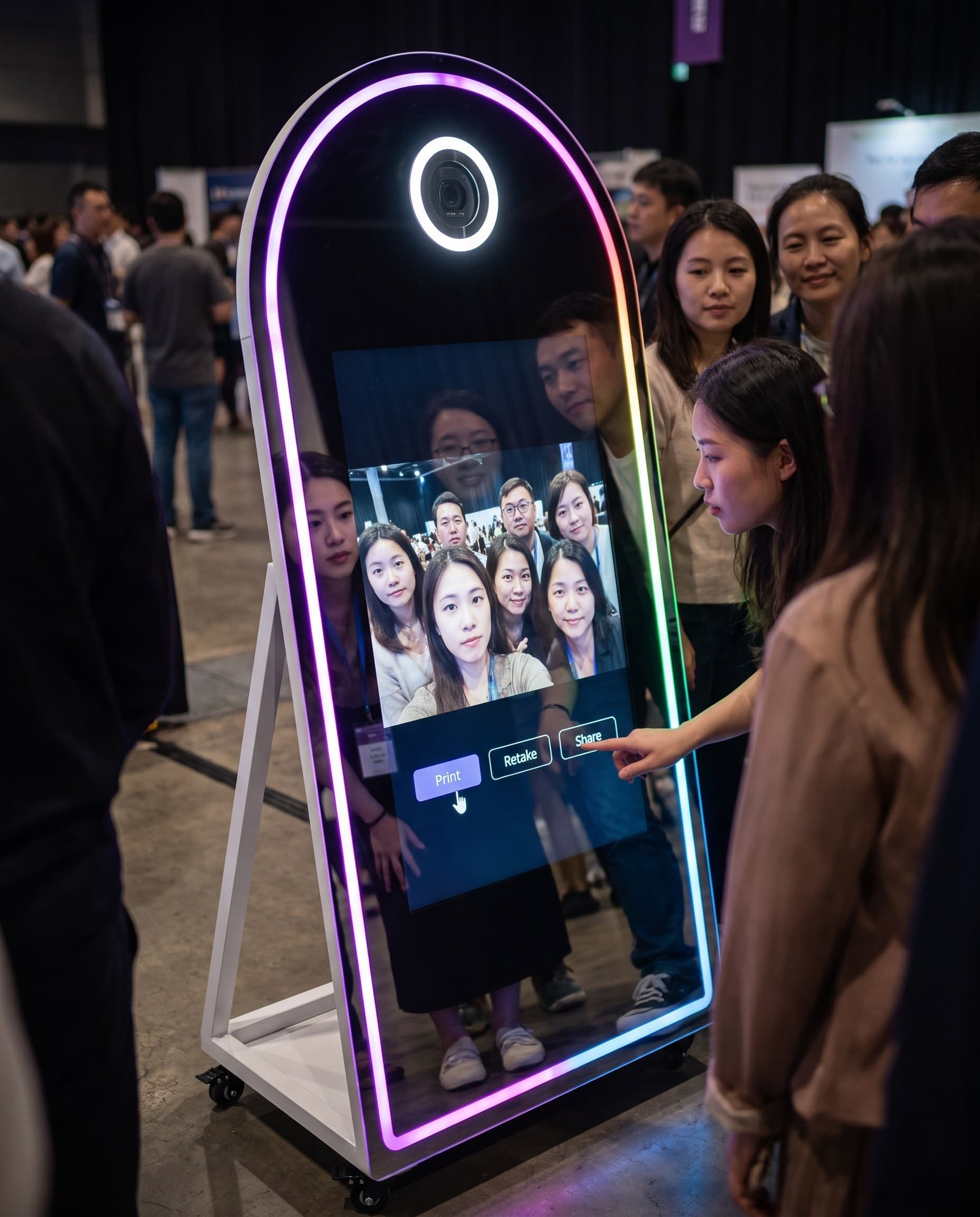 The instant a finger touches the 43" screen, the RGB glow lights the face and the mirror reflects the smile