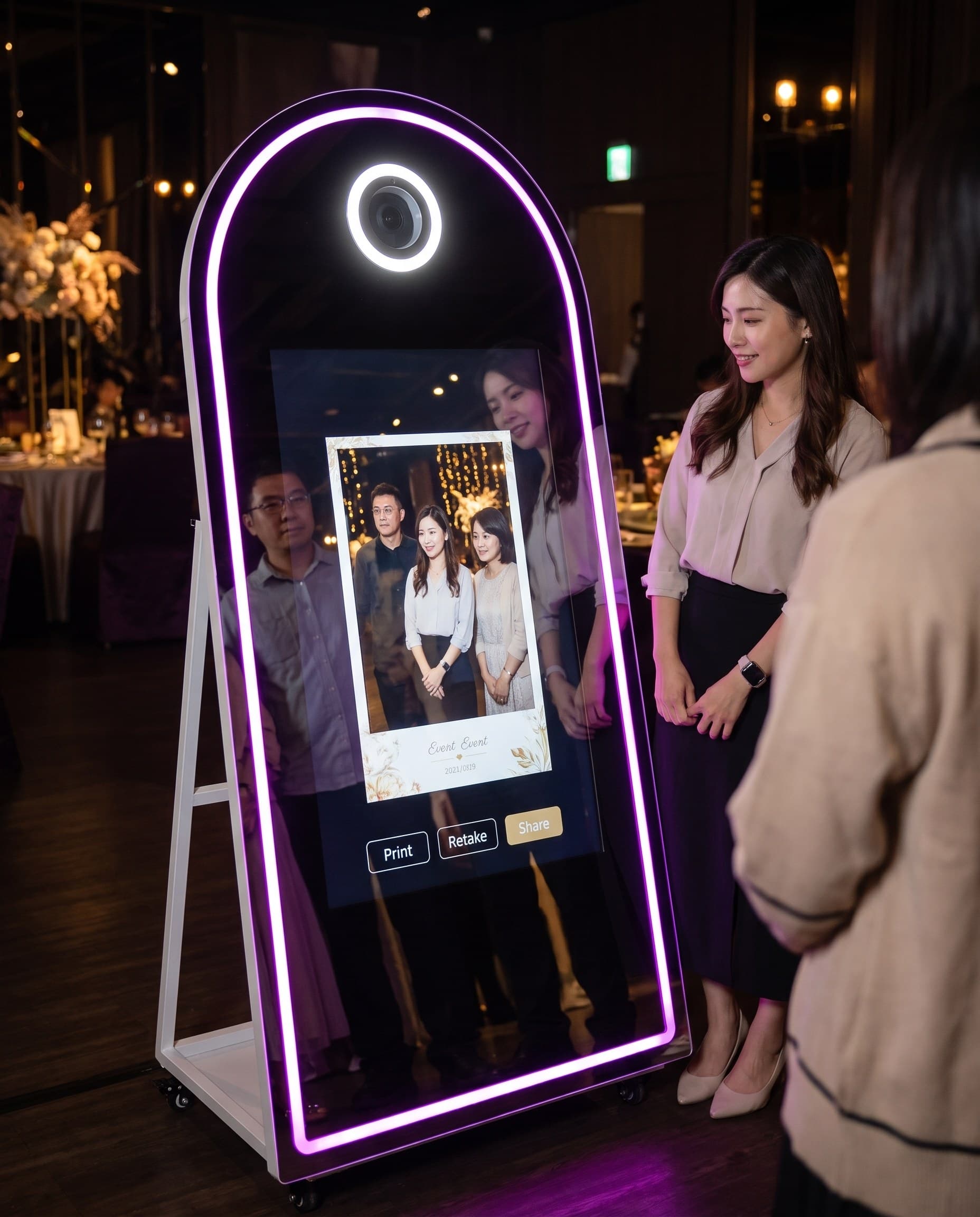 A stylish guest touching the magic mirror, RGB surround glowing