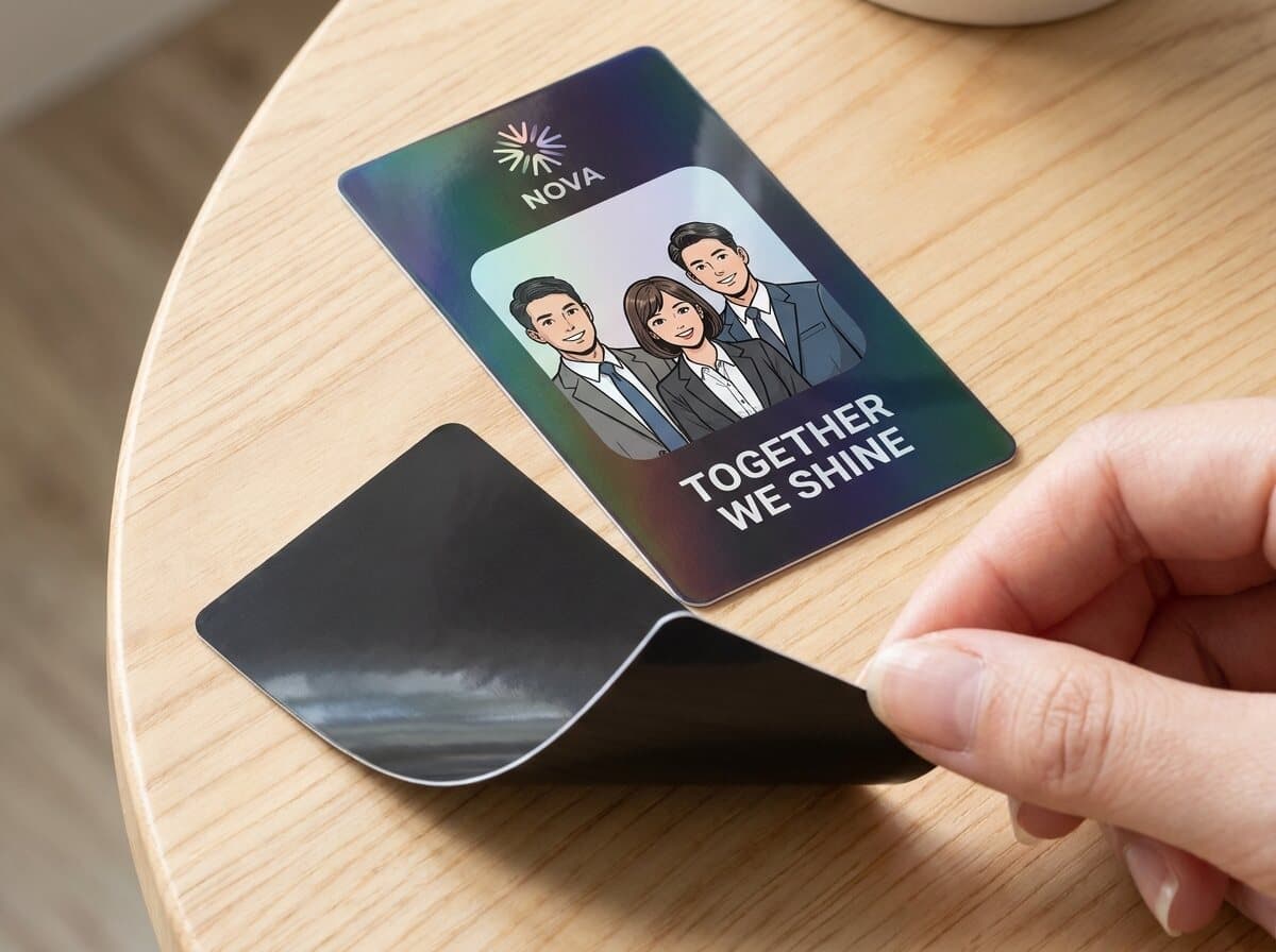 Close-up of a portrait card and its magnetic back