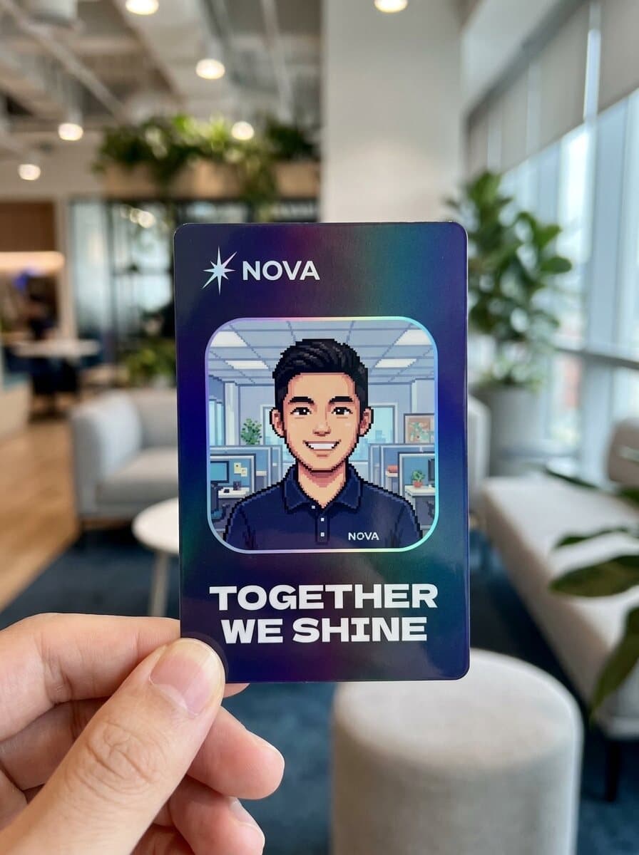 A hand holding a portrait PVC card showing an employee portrait restyled by AI as pixel art