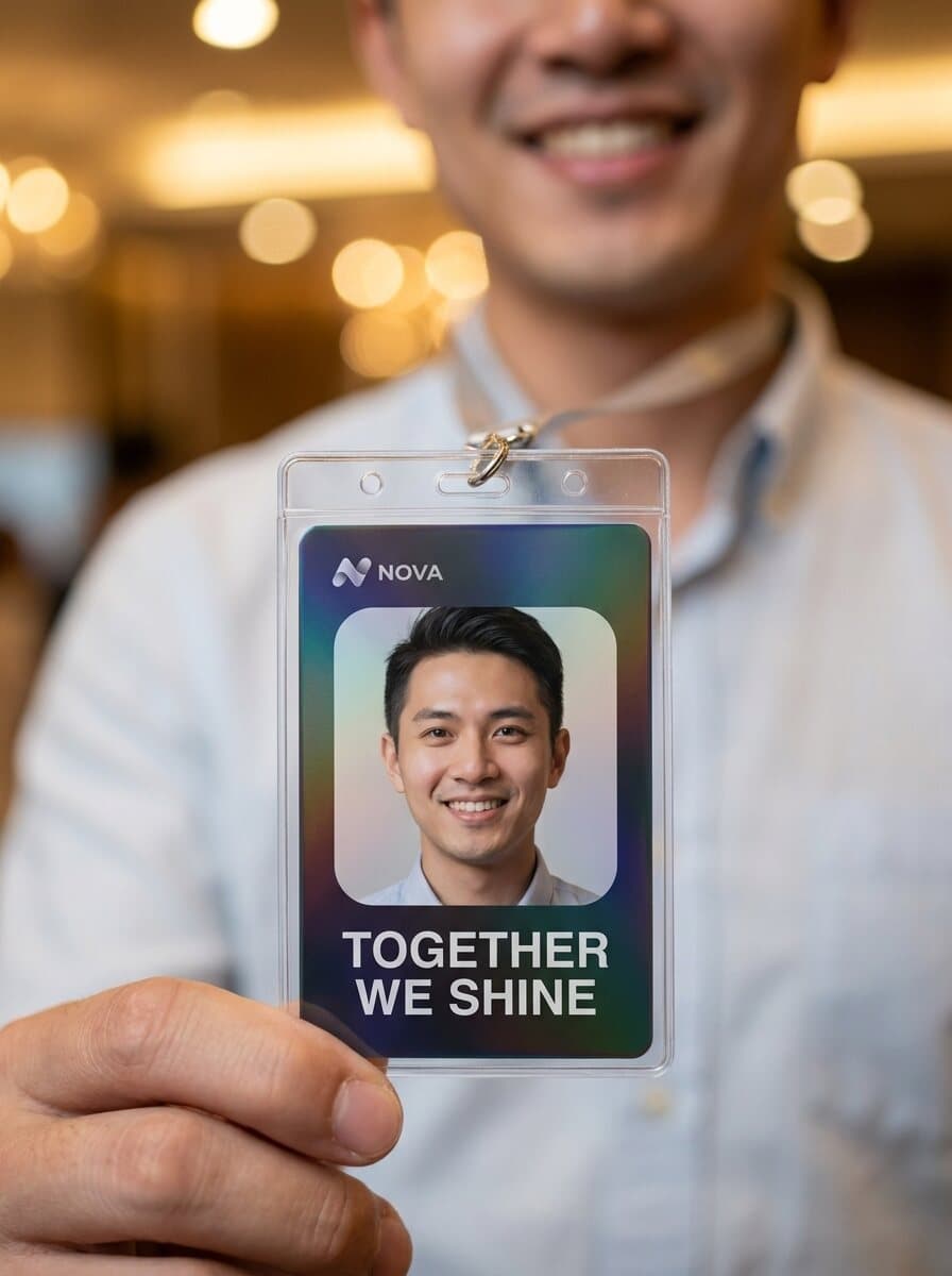 Illustration: an employee wearing a portrait ID badge with their own photo