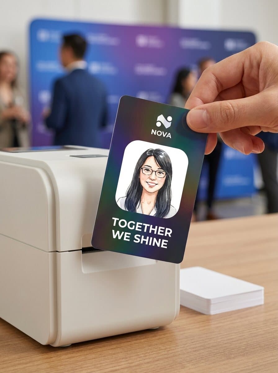 Card printer on site, the card showing an AI watercolour employee portrait