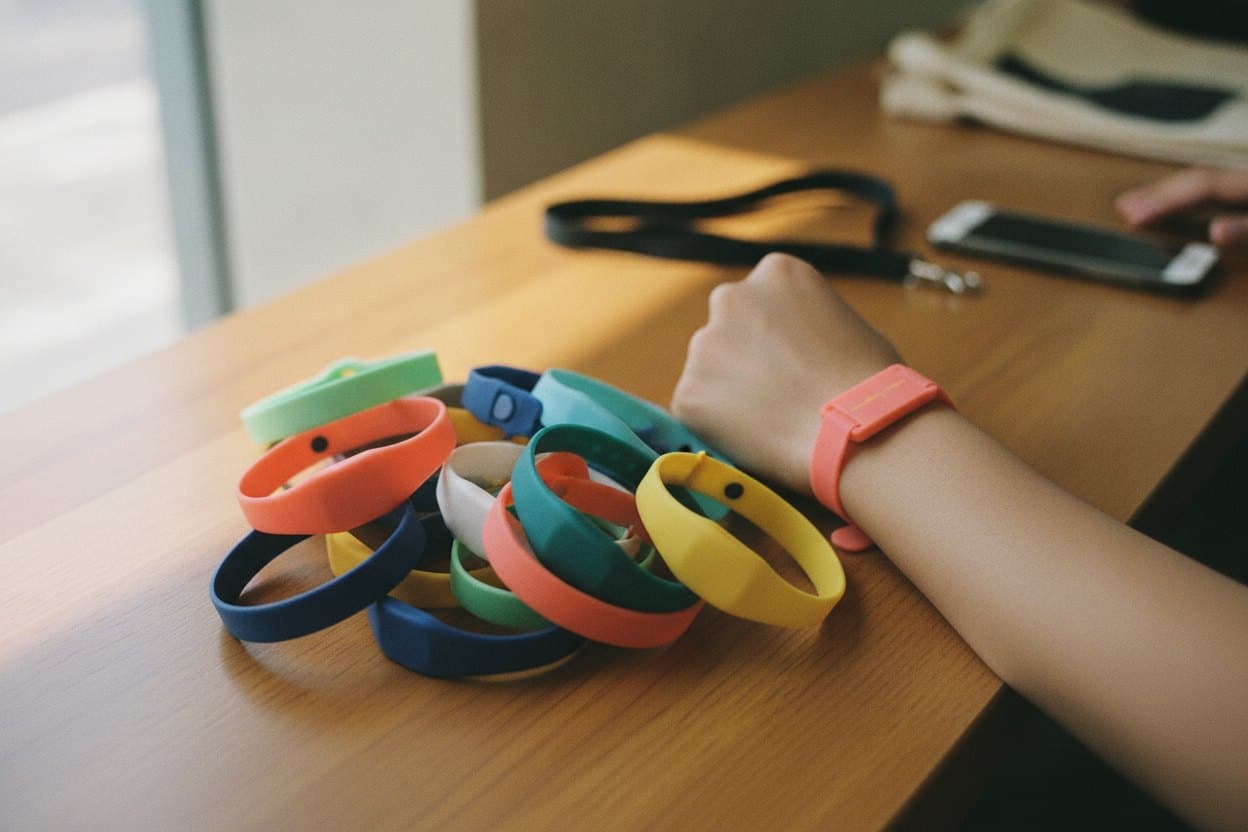 Close-up of disposable paper and silicone RFID wristbands on a wooden counter