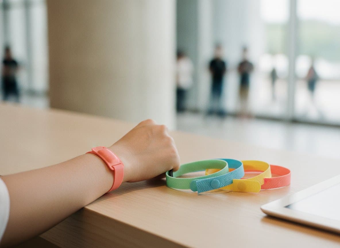 Disposable snap-closure RFID wristbands in assorted plain colours, destroyed once removed