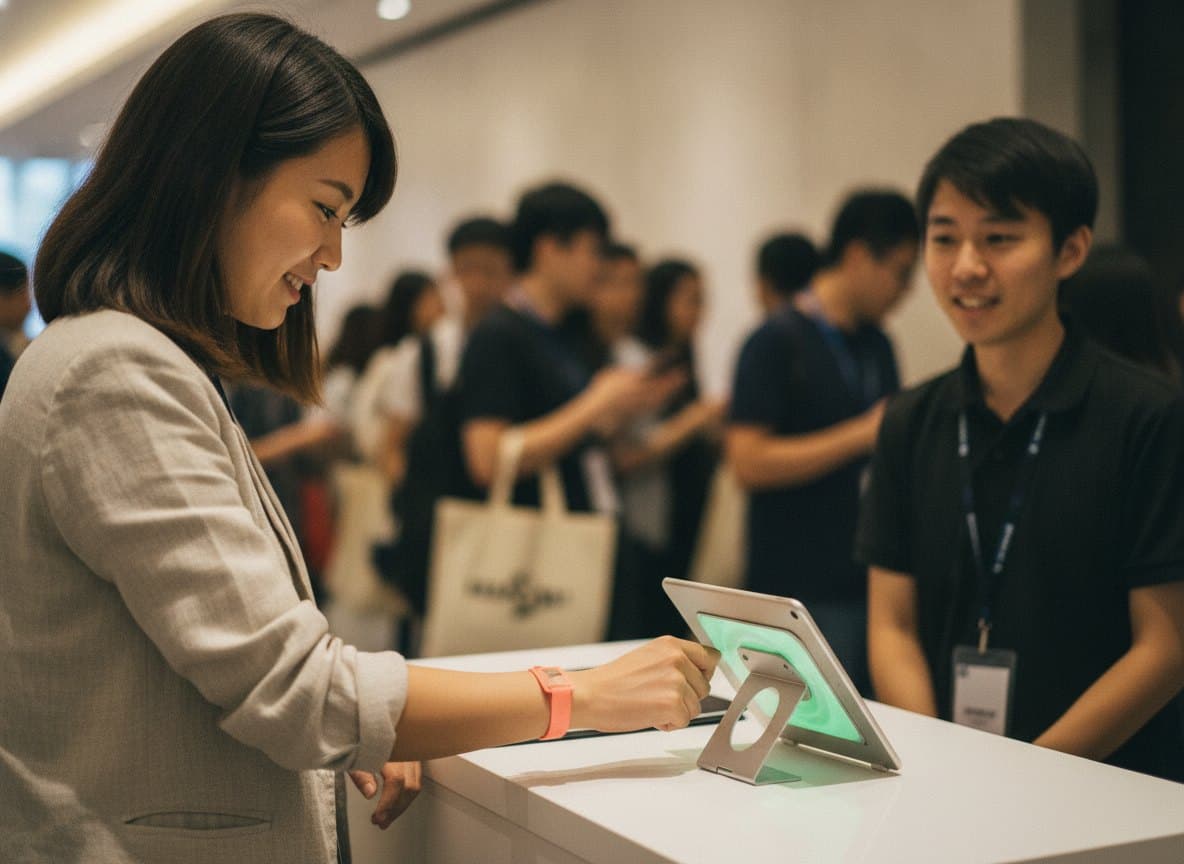 A guest taps her disposable paper wristband on the reader beside a tablet at the check-in counter while a staff member smiles