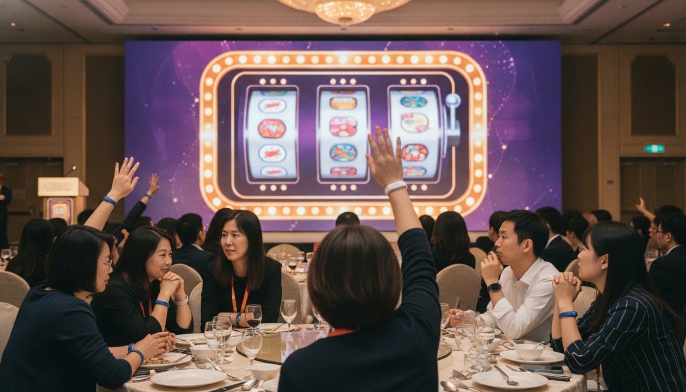 Slot-machine draw on the big screen, drawn only from checked-in wristbands — no absentees