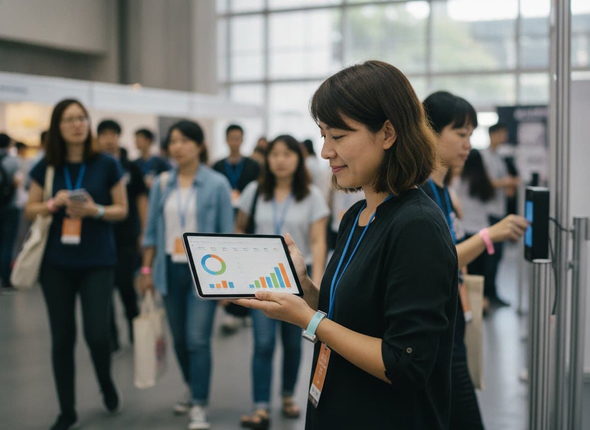 An organiser checks live charts on a tablet at the edge of an exhibition hall, with wristband-wearing guests entering behind