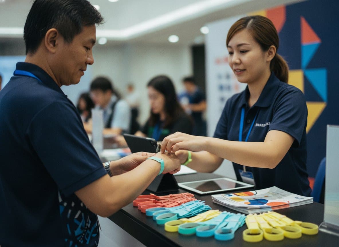 Colourful disposable wristbands laid out on a registration desk as staff fasten one on a guest
