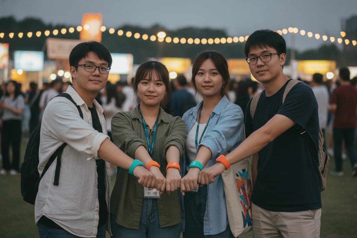 Four friends at a festival showing matching silicone wristbands