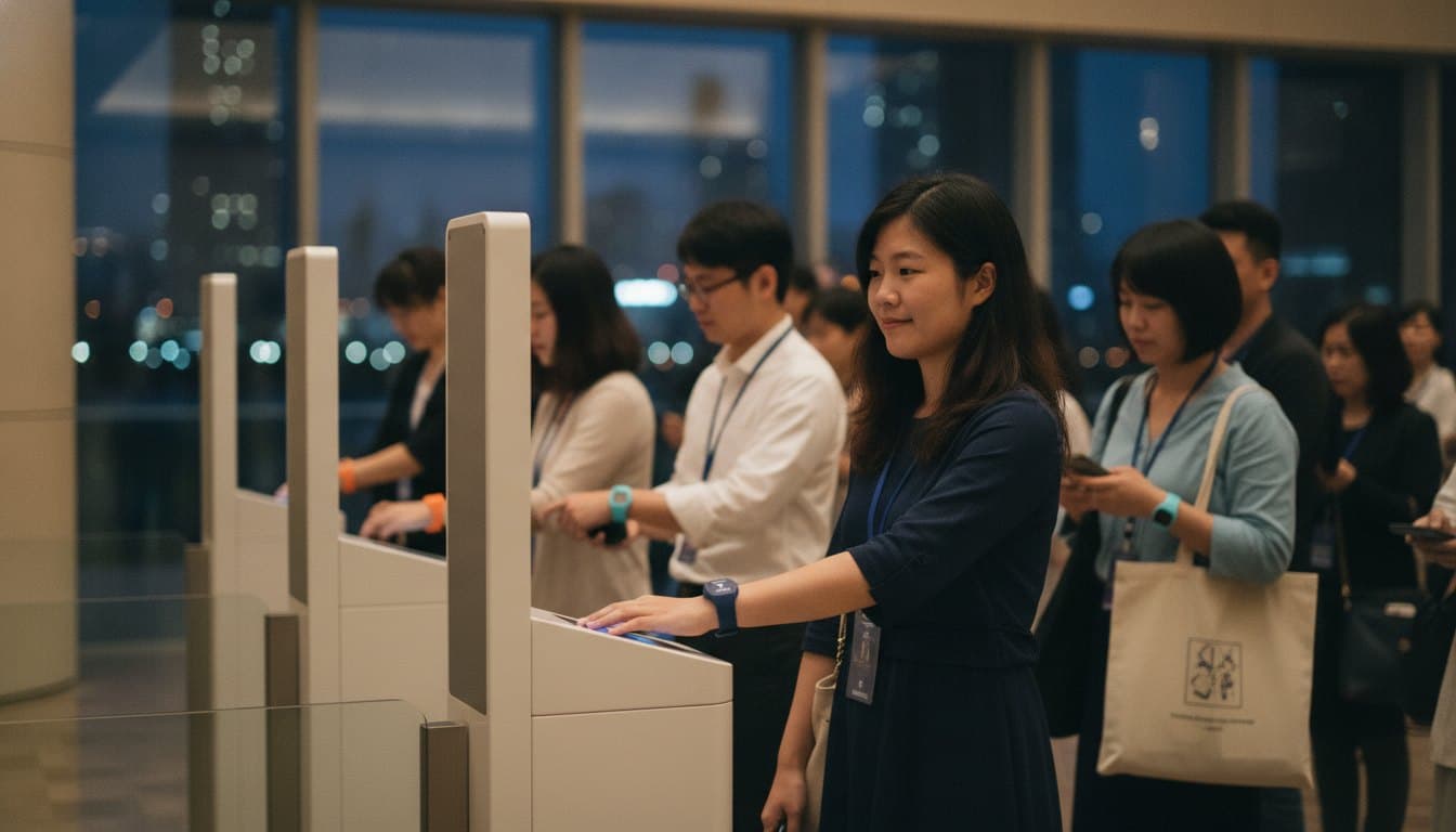 Guests tapping wristbands on entry gate readers at a concert hall