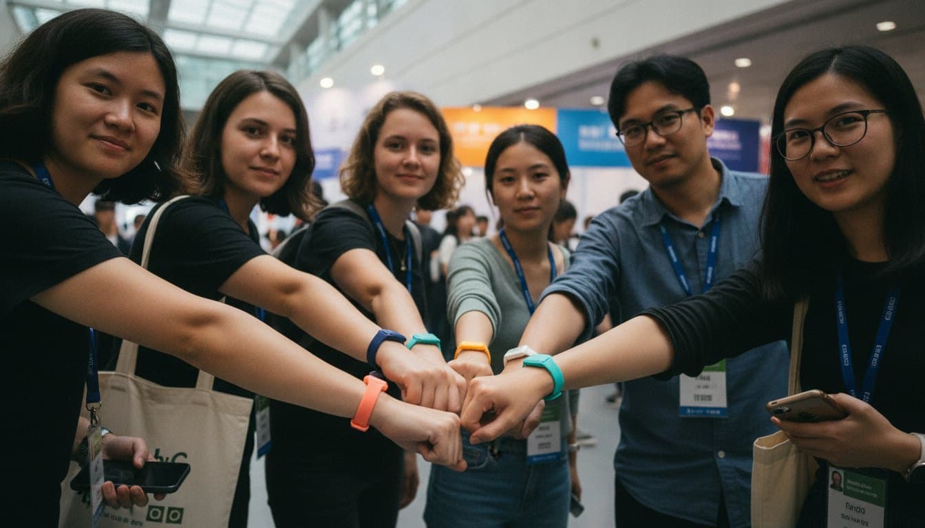 Colleagues stacking their wristbanded forearms in an exhibition hall lobby