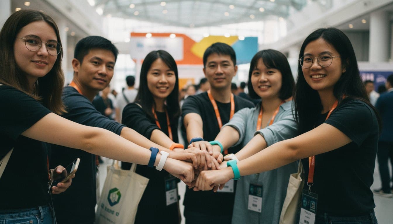 RFID wristband check-in — guests stacking their forearms, each wearing a different coloured disposable or silicone wristband