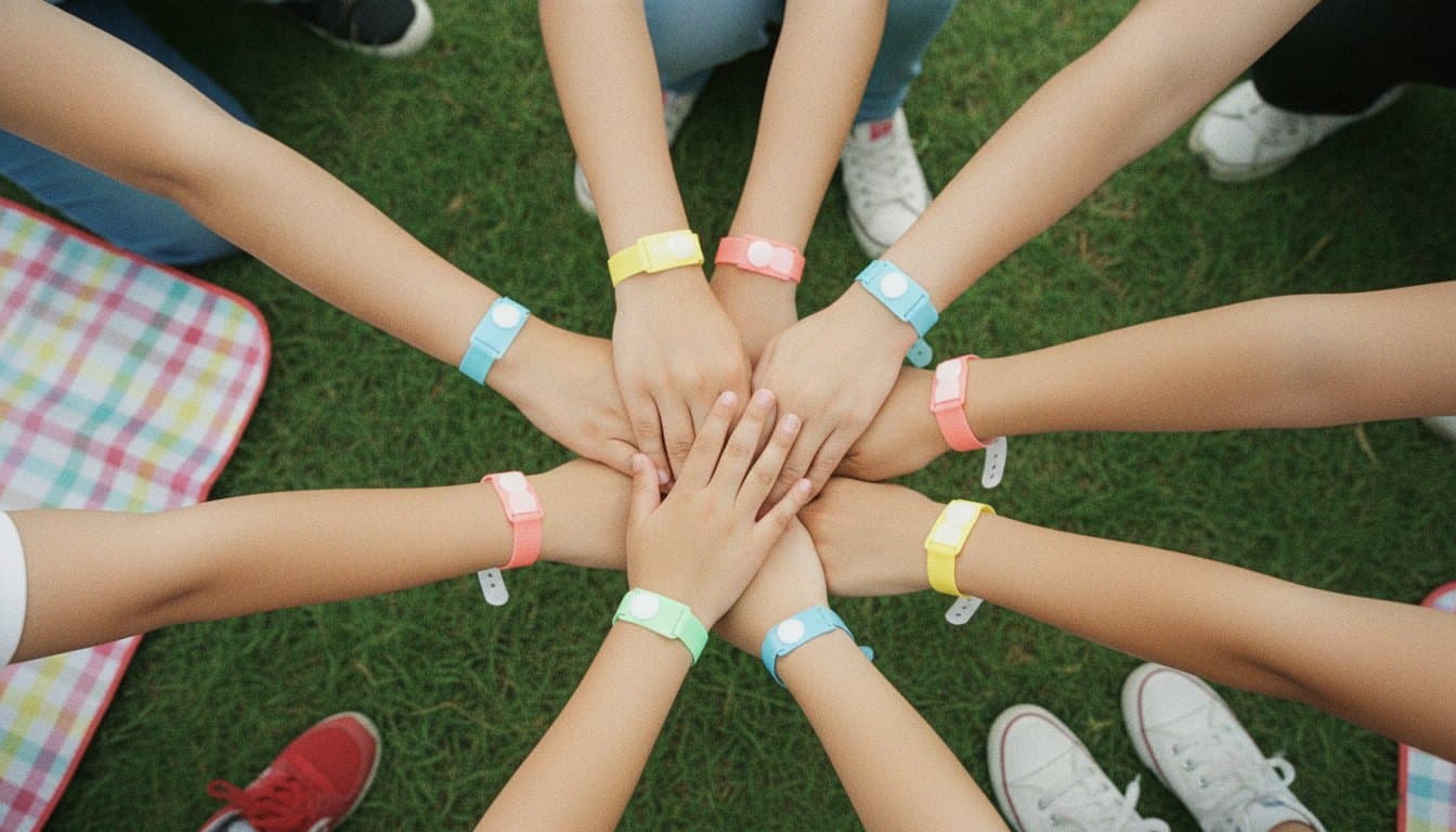 Adults and children stacking hands in a circle on a family-day lawn, each wearing a different coloured band